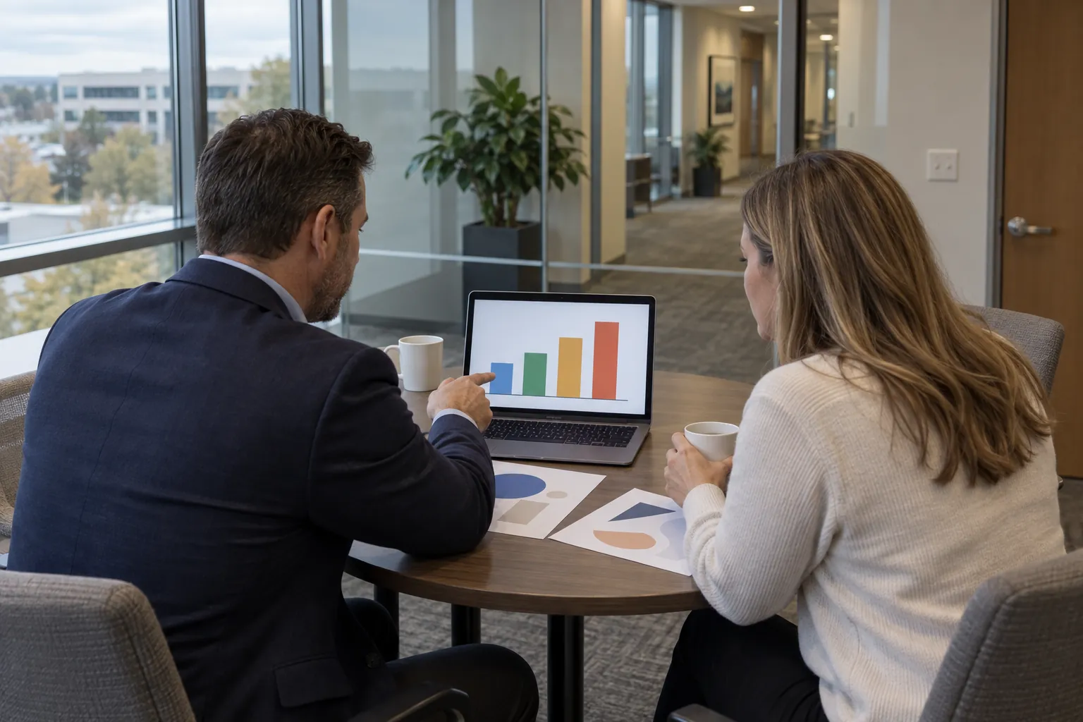 A security account manager and a property manager reviewing a chart on a laptop in a glass-walled conference room.