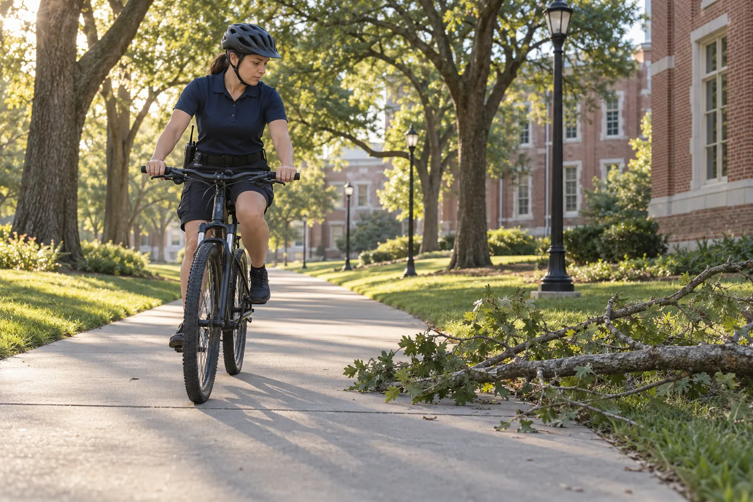 A bike patrol officer in a helmet riding along a campus walkway between brick buildings, looking at a fallen branch on the path ahead.