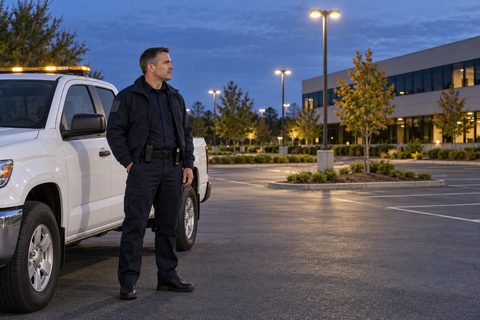 A mobile patrol officer beside a white pickup truck in an office park parking lot at dusk, looking along a row of light poles.