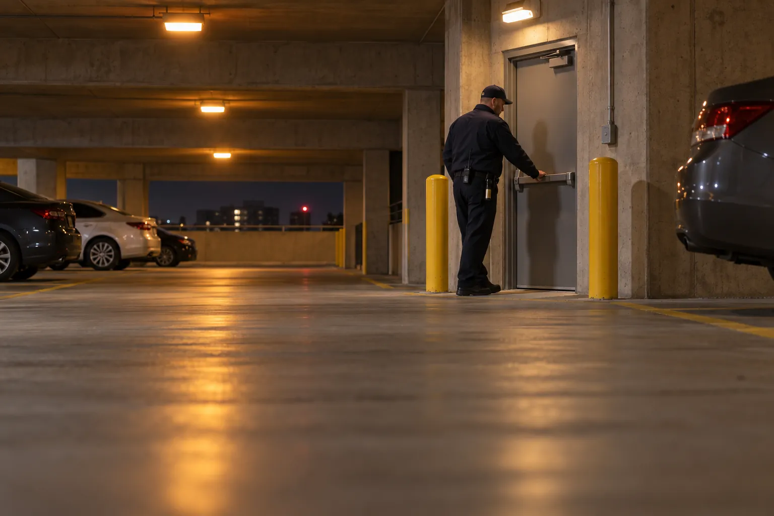 A security officer checking a steel exit door on a night round in a parking garage.