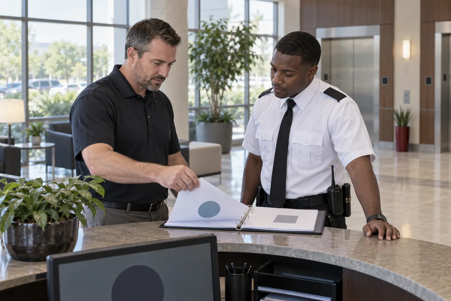 A security supervisor going through an open binder with a new officer at the front desk of an office lobby.