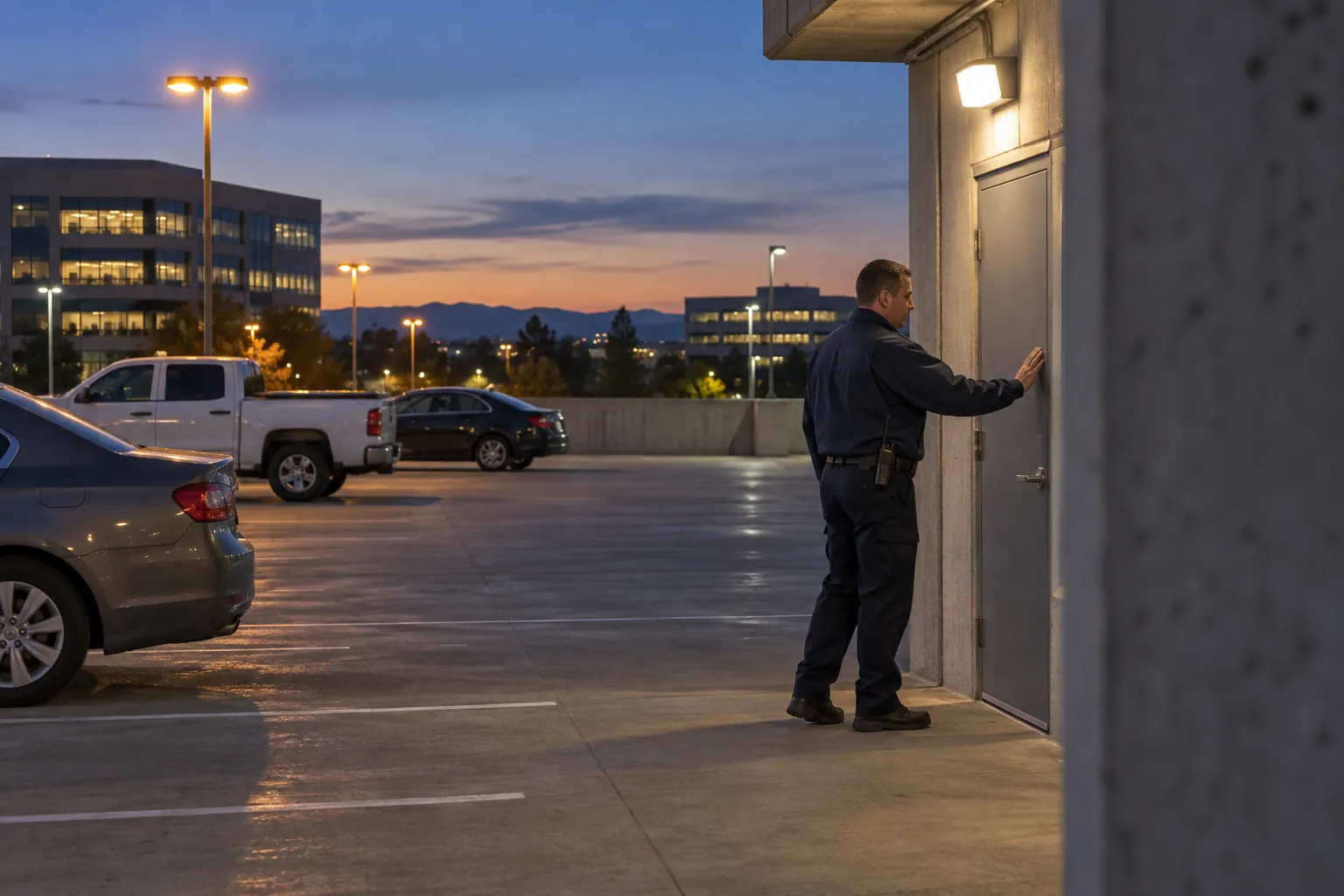 A security officer checking a stairwell door on the top deck of a parking structure at dusk, with a few parked cars and lights coming on.