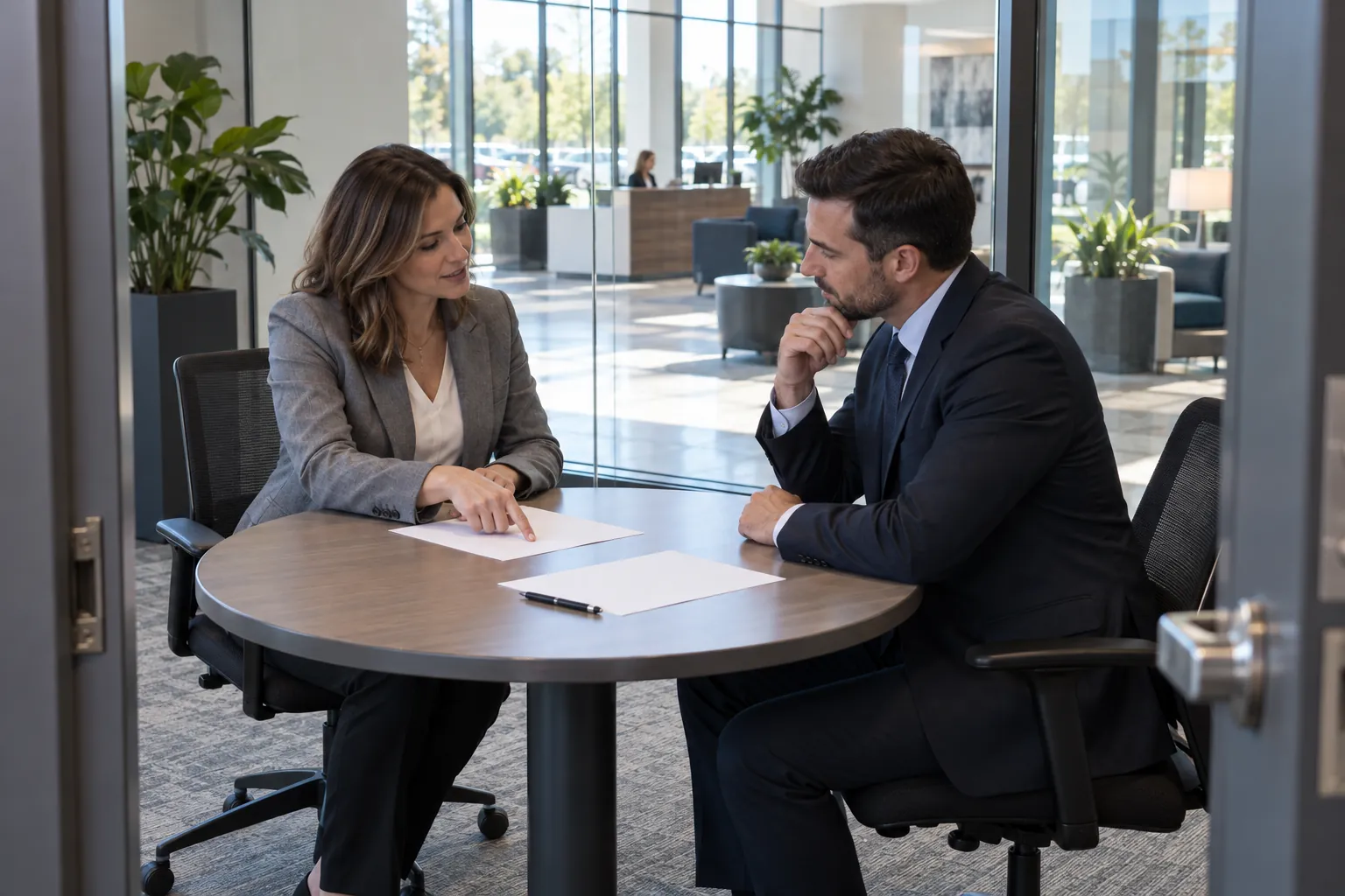 A property manager and a security account manager reviewing printed pages at a table in an office meeting room, with a bright lobby behind the glass.
