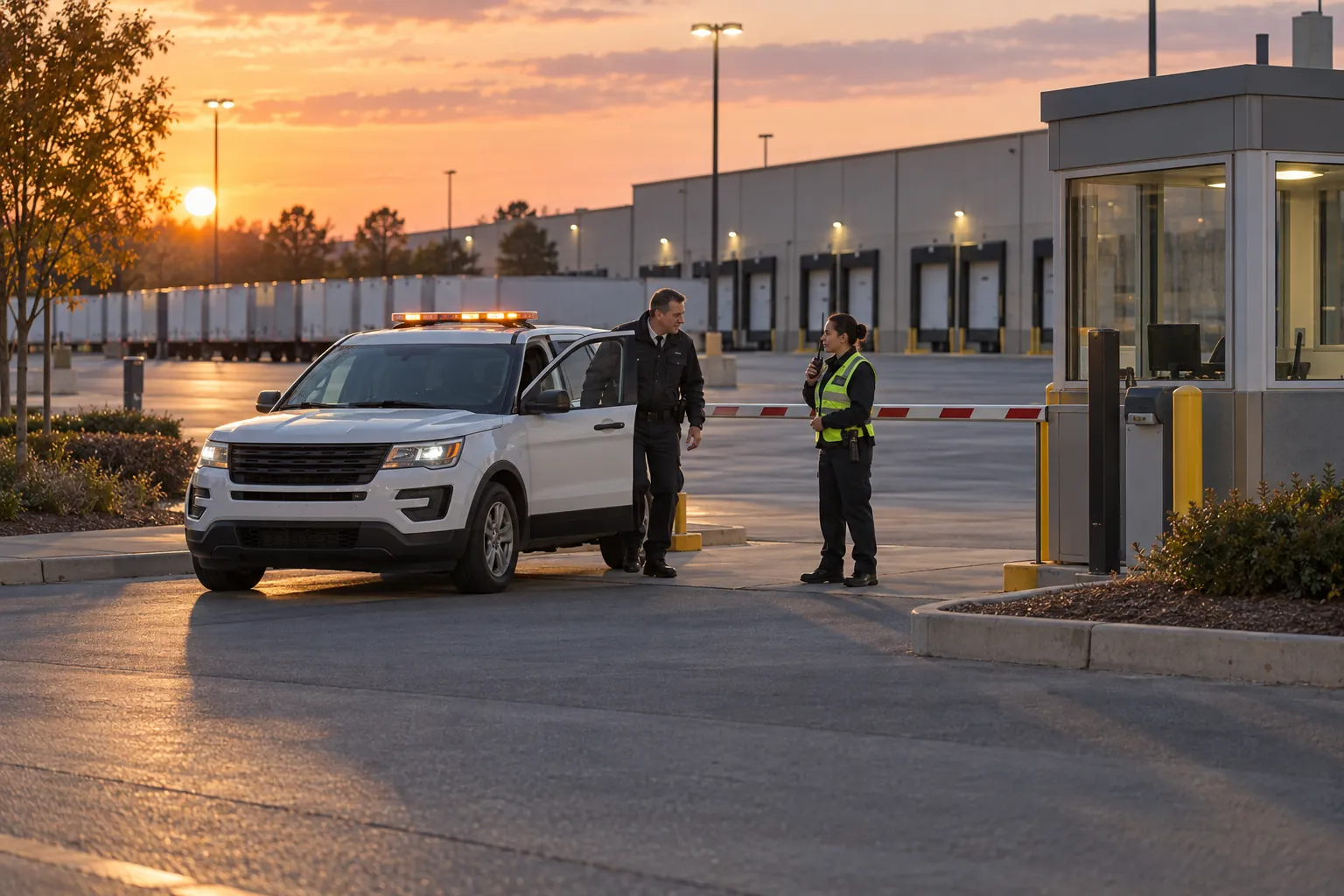 A security supervisor stepping out of a patrol SUV to speak with an officer at a distribution center gatehouse.