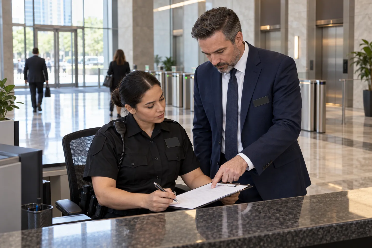 A security supervisor in a blazer reviewing a clipboard with a seated officer at an office tower lobby desk.