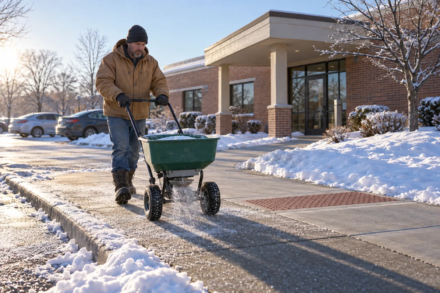 A maintenance technician spreading ice melt on a cleared sidewalk outside a brick medical office building on a winter morning.