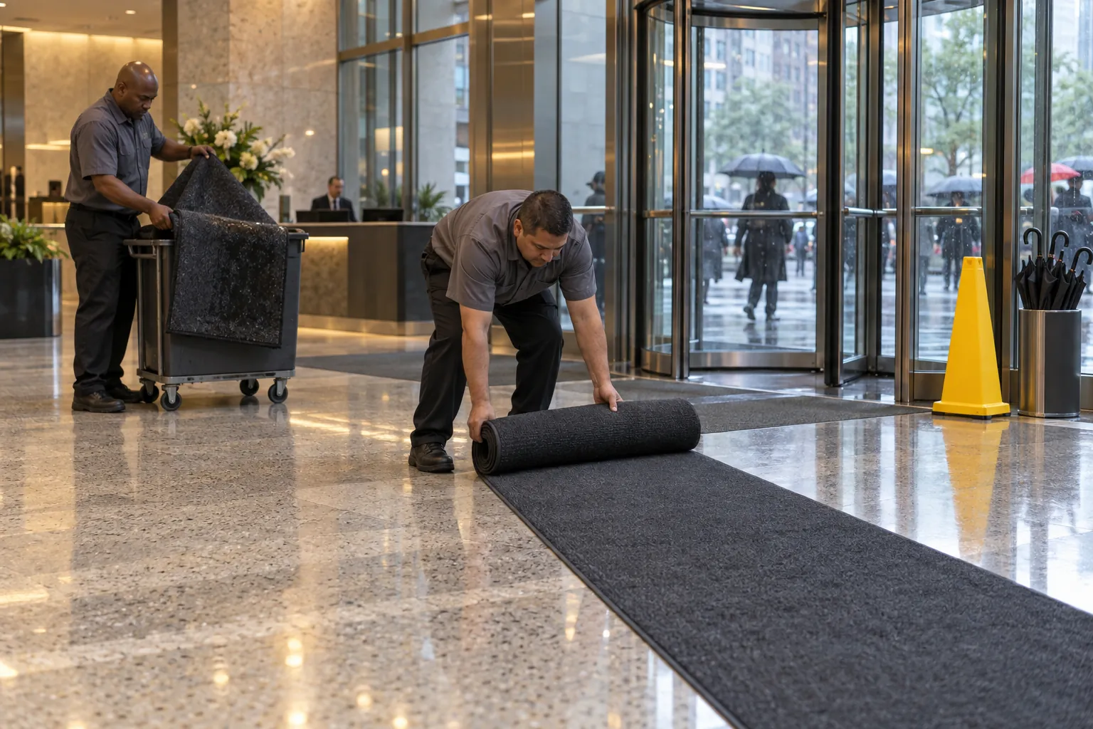 Two day porters replacing a wet entrance mat in an office lobby on a rainy morning, a yellow caution cone by the revolving door.