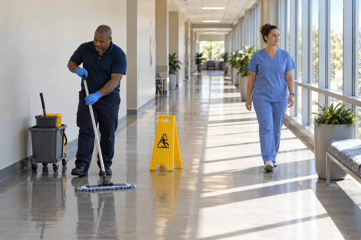 A custodian mopping one side of a hospital corridor next to a wet floor sign while a nurse walks along the dry side.