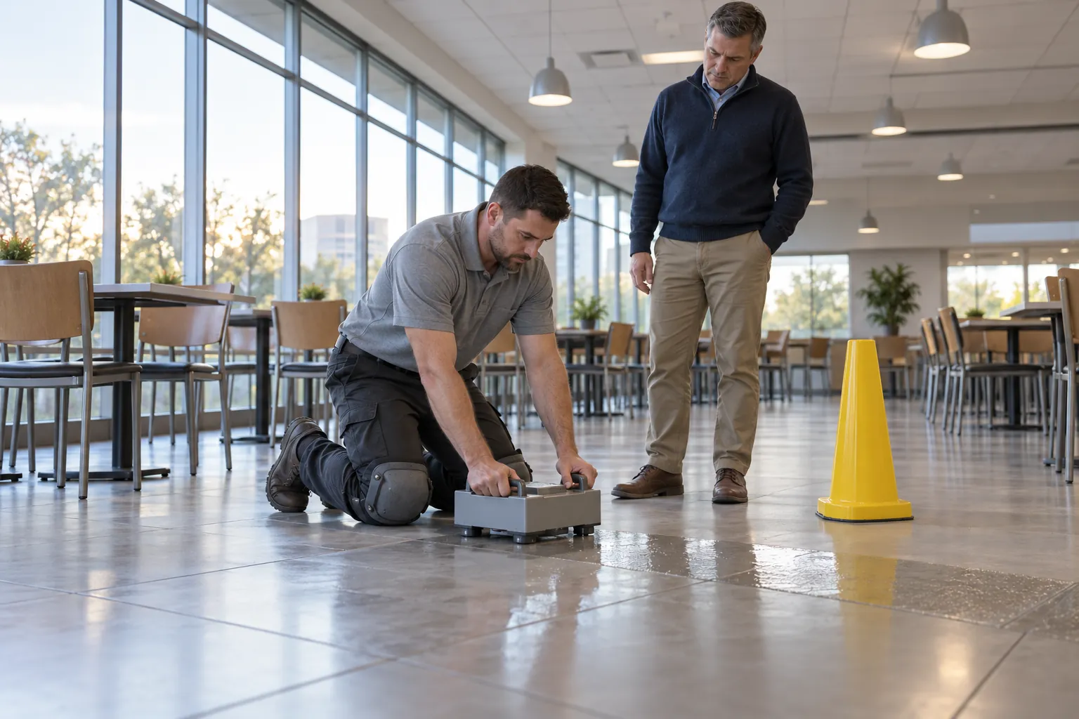 A technician kneeling beside a small testing device on a wet strip of tile floor in an empty cafeteria while a facility manager watches.
