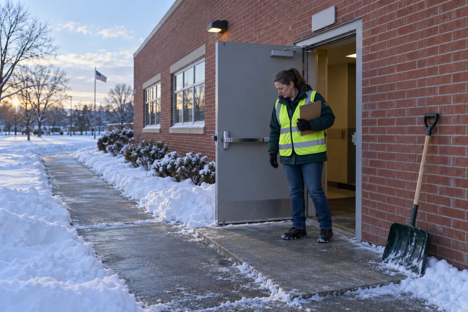 A maintenance worker at an open emergency exit door of a brick school, checking the cleared path through the snow outside.