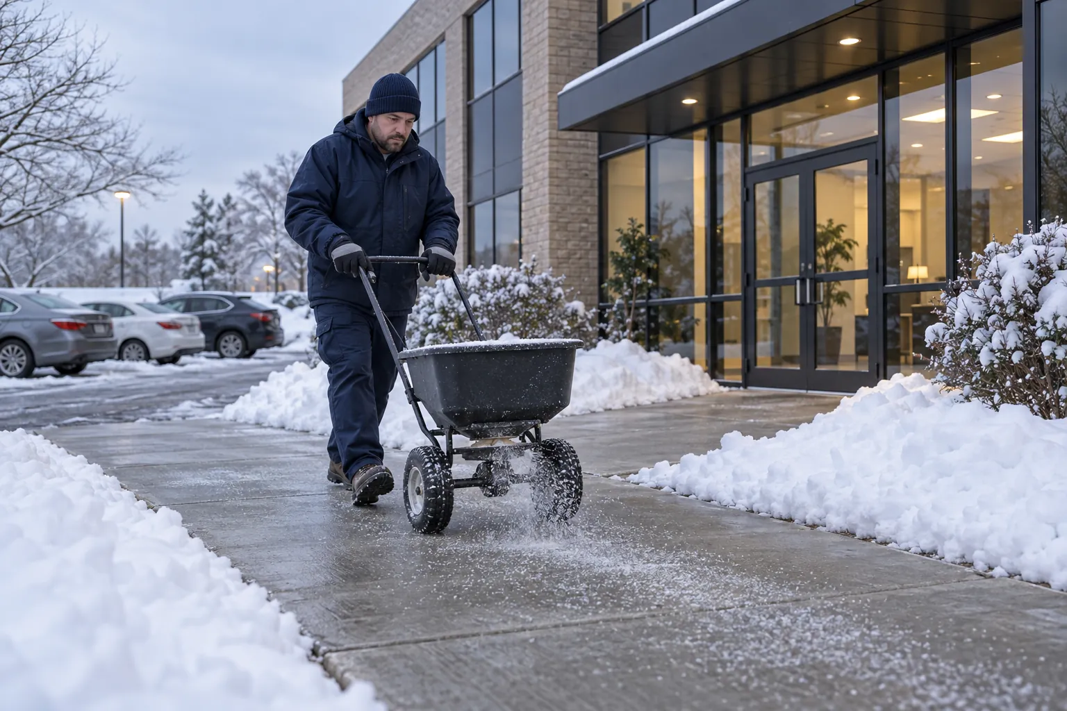 A custodian spreading ice melt along a shoveled sidewalk outside an office building entrance on a snowy morning.