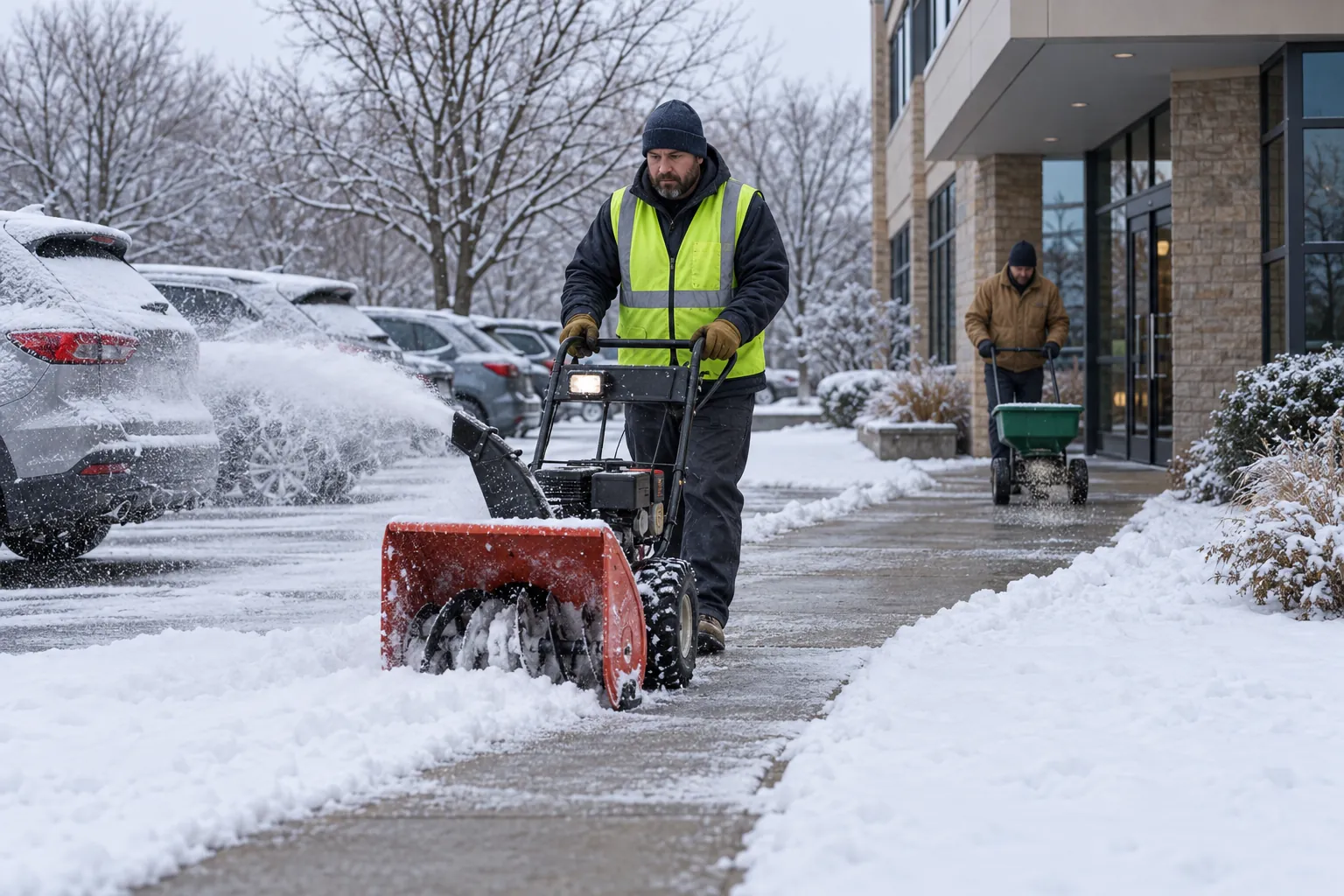 Two grounds workers clearing snow and spreading ice melt on the sidewalk outside an office park entrance on a winter morning.