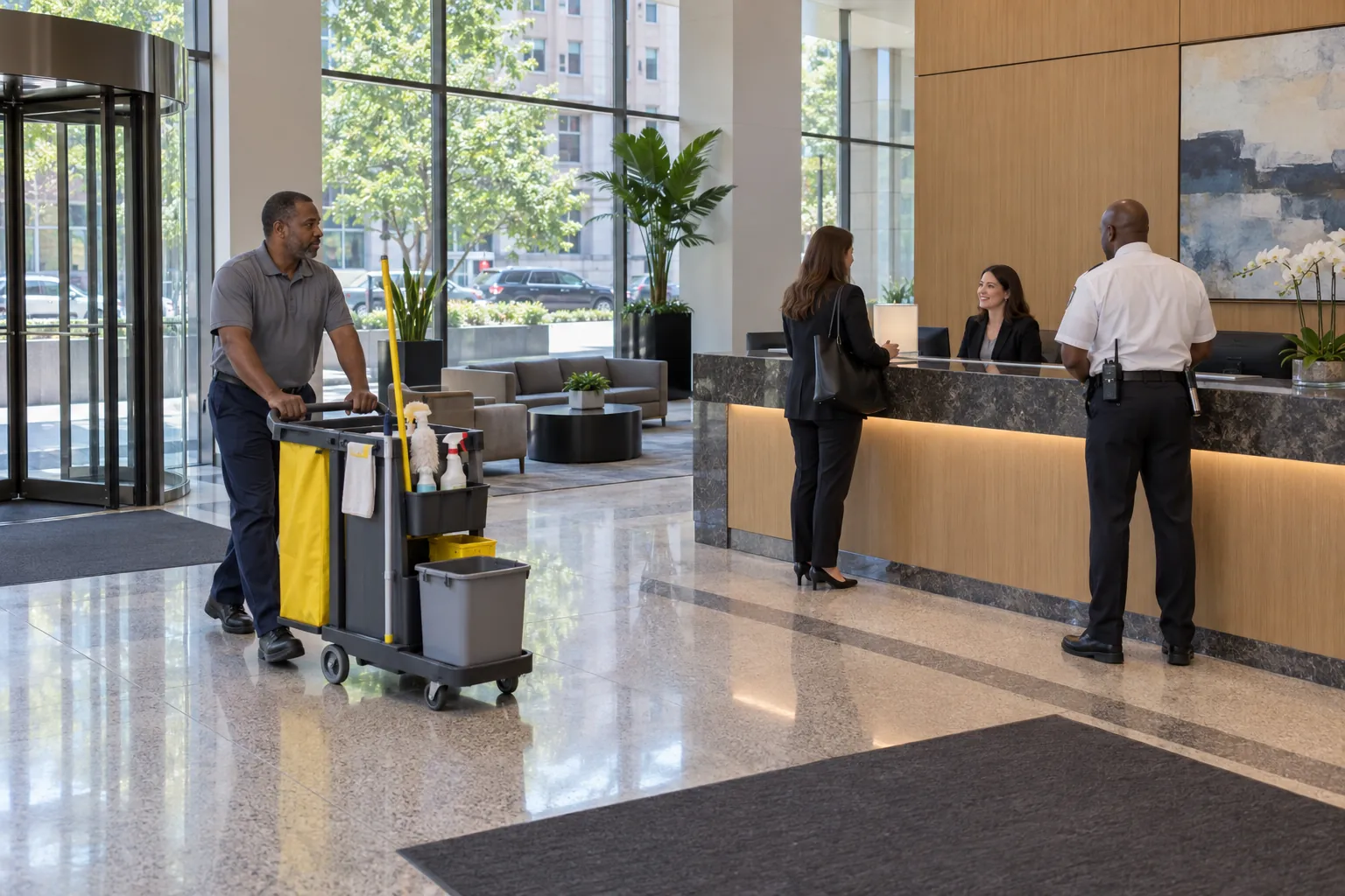A security officer at a lobby desk, a day porter pushing a cleaning cart and a receptionist greeting a visitor in an office building lobby in the morning.