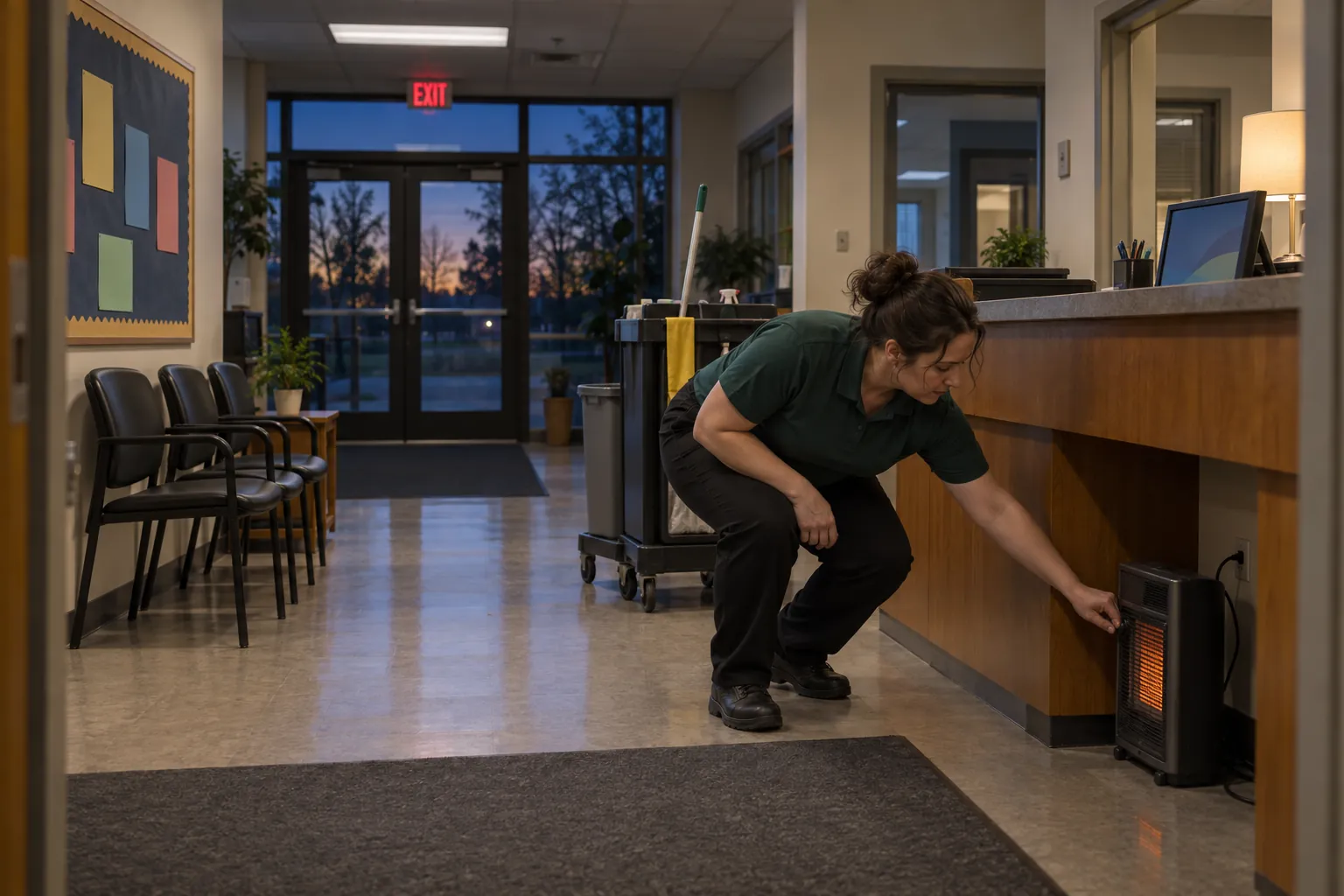An evening custodian with a cleaning cart switching off a space heater under the reception desk of an empty school front office at dusk.