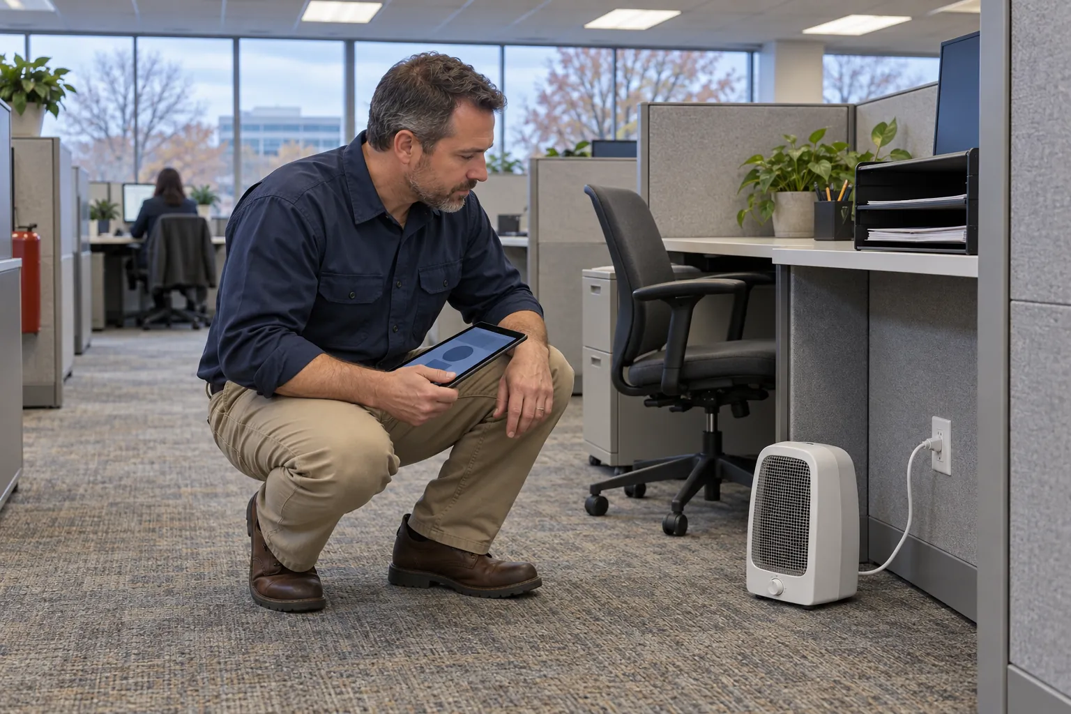 A building engineer crouching by a cubicle desk to check a small space heater plugged into a wall outlet, a tablet on his knee.