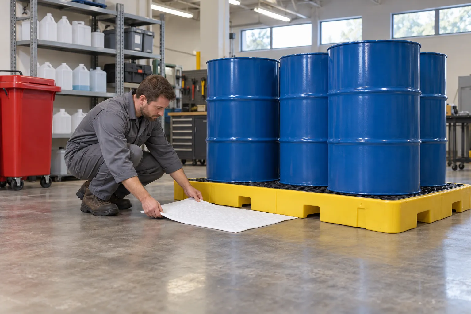 A maintenance technician laying an absorbent pad beside oil drums on a yellow spill containment pallet in a building's engineering shop.