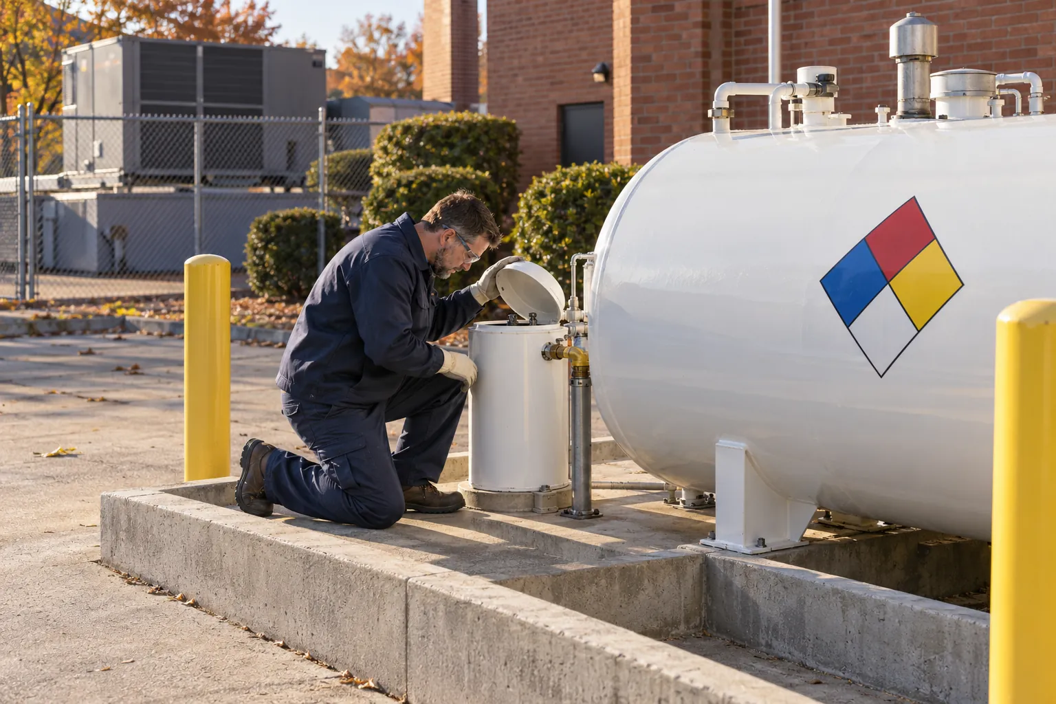 A building engineer kneeling beside an aboveground diesel tank on a concrete pad, checking the spill bucket at its fill point.