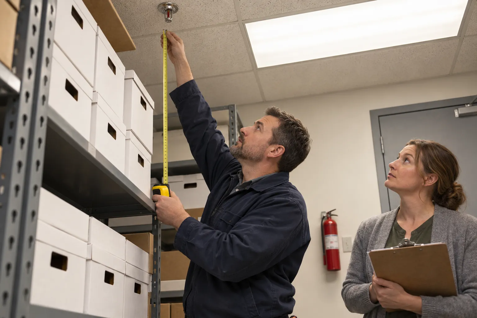 A technician measuring the gap between archive boxes and a ceiling sprinkler in a file room.