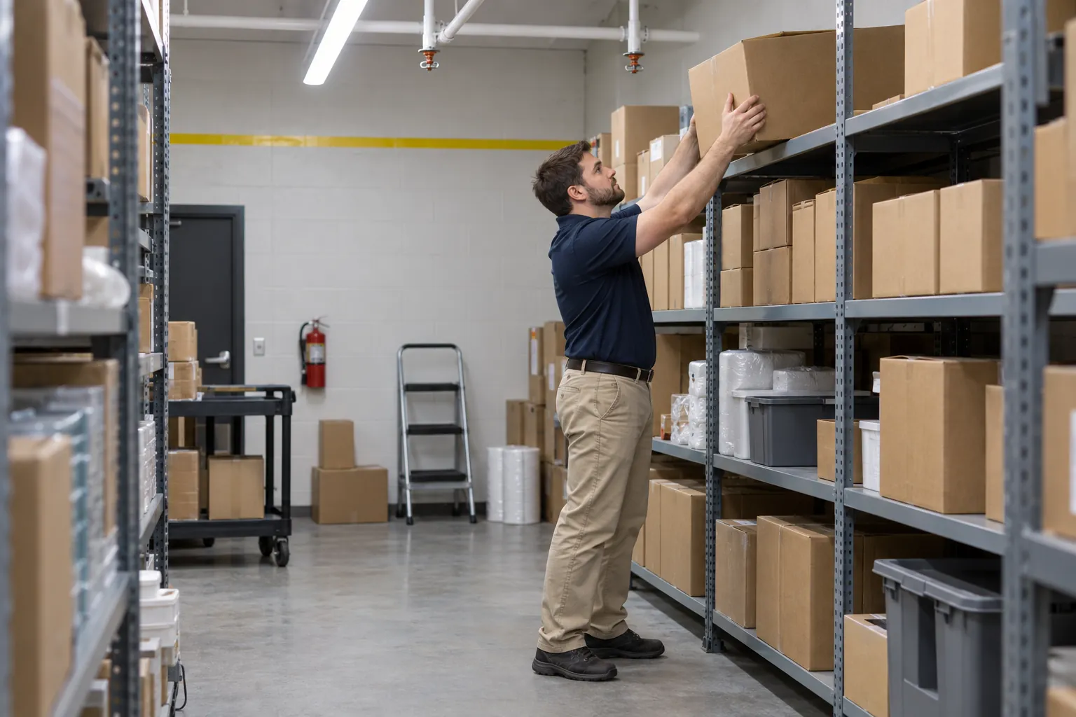 A store worker lifting a carton down from a high shelf below ceiling sprinklers in a stock room.