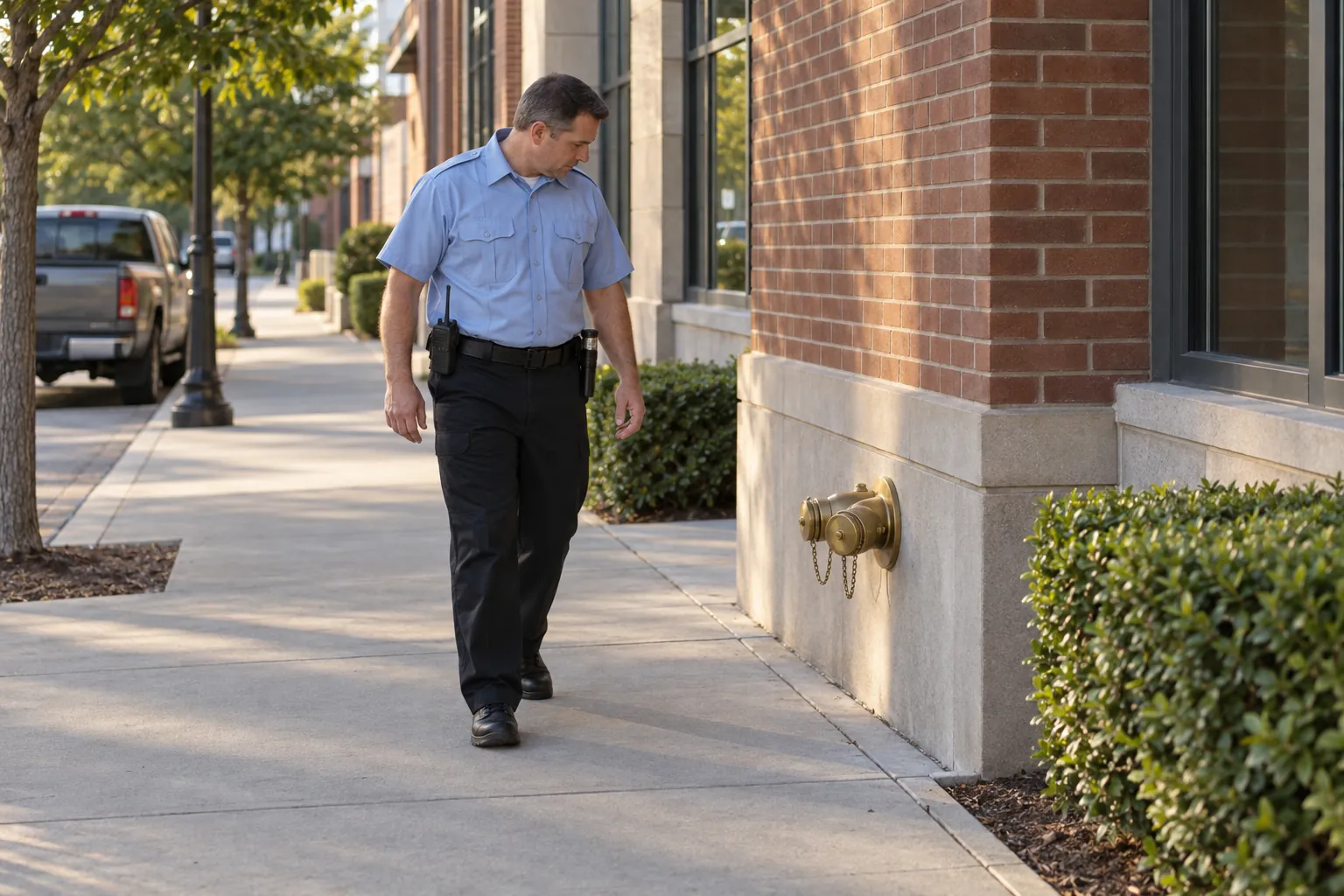 A security officer walking past a capped fire department connection on the brick wall of a building beside the sidewalk.