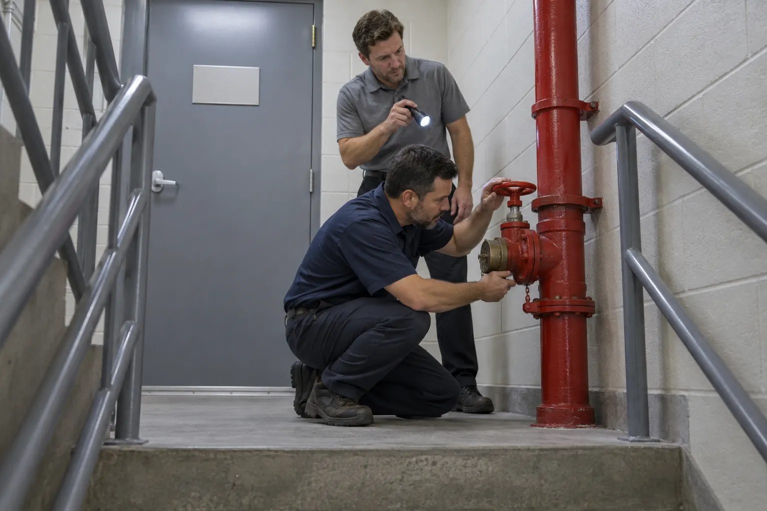 A building engineer checking the cap on a red standpipe hose valve on a stairwell landing while a colleague lights it with a flashlight.