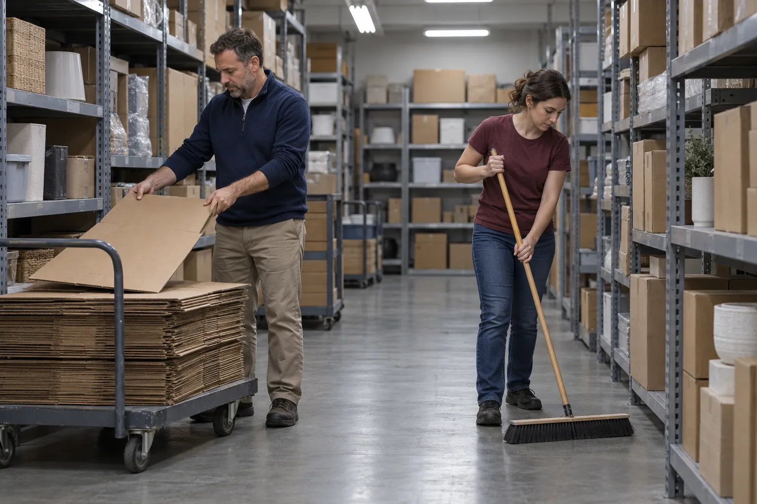 Two store workers clearing flattened cardboard and sweeping the floor of a stockroom aisle lined with steel shelving after closing.