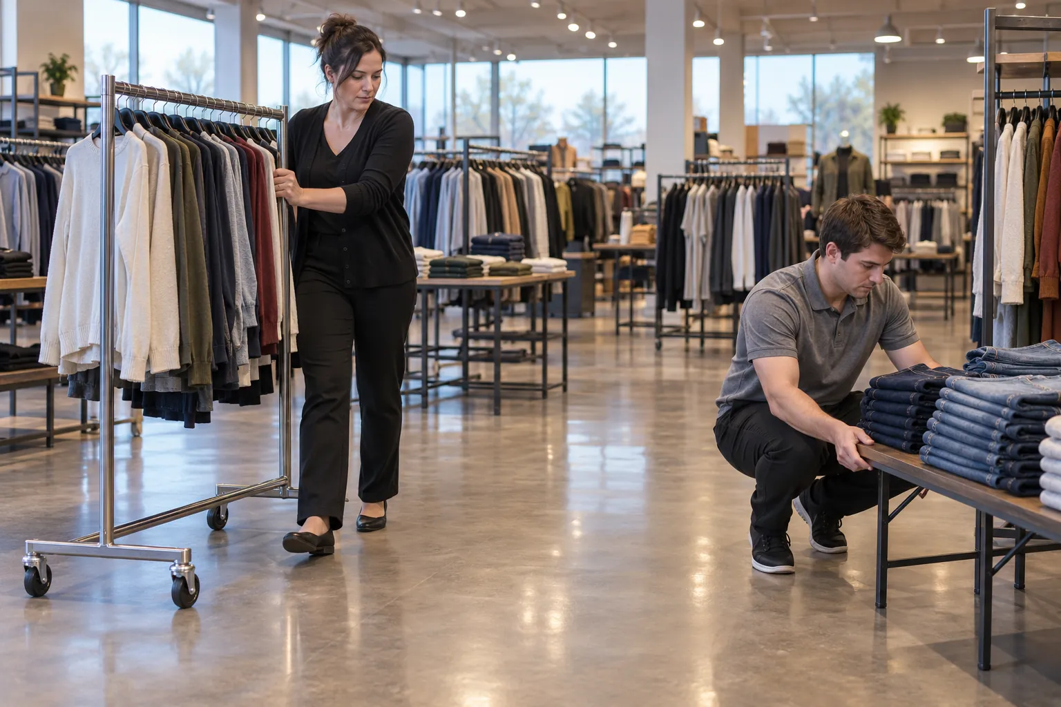 A store manager moving a rack of returned clothes out of an aisle while a colleague straightens a table of jeans in an empty store before opening.
