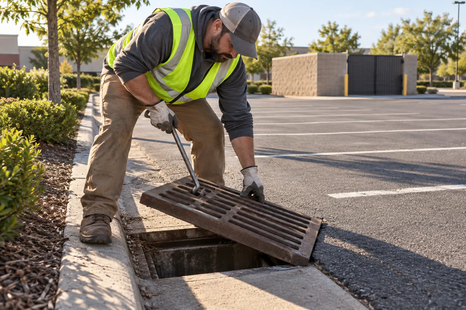 A grounds worker in a safety vest lifting a curb inlet grate in a shopping center parking lot to check the catch basin.