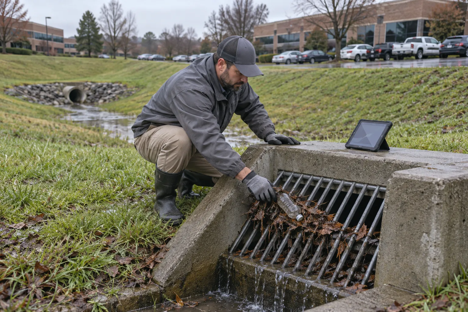 A maintenance technician clearing leaves from the trash rack of a detention basin outlet behind an office park after rain.