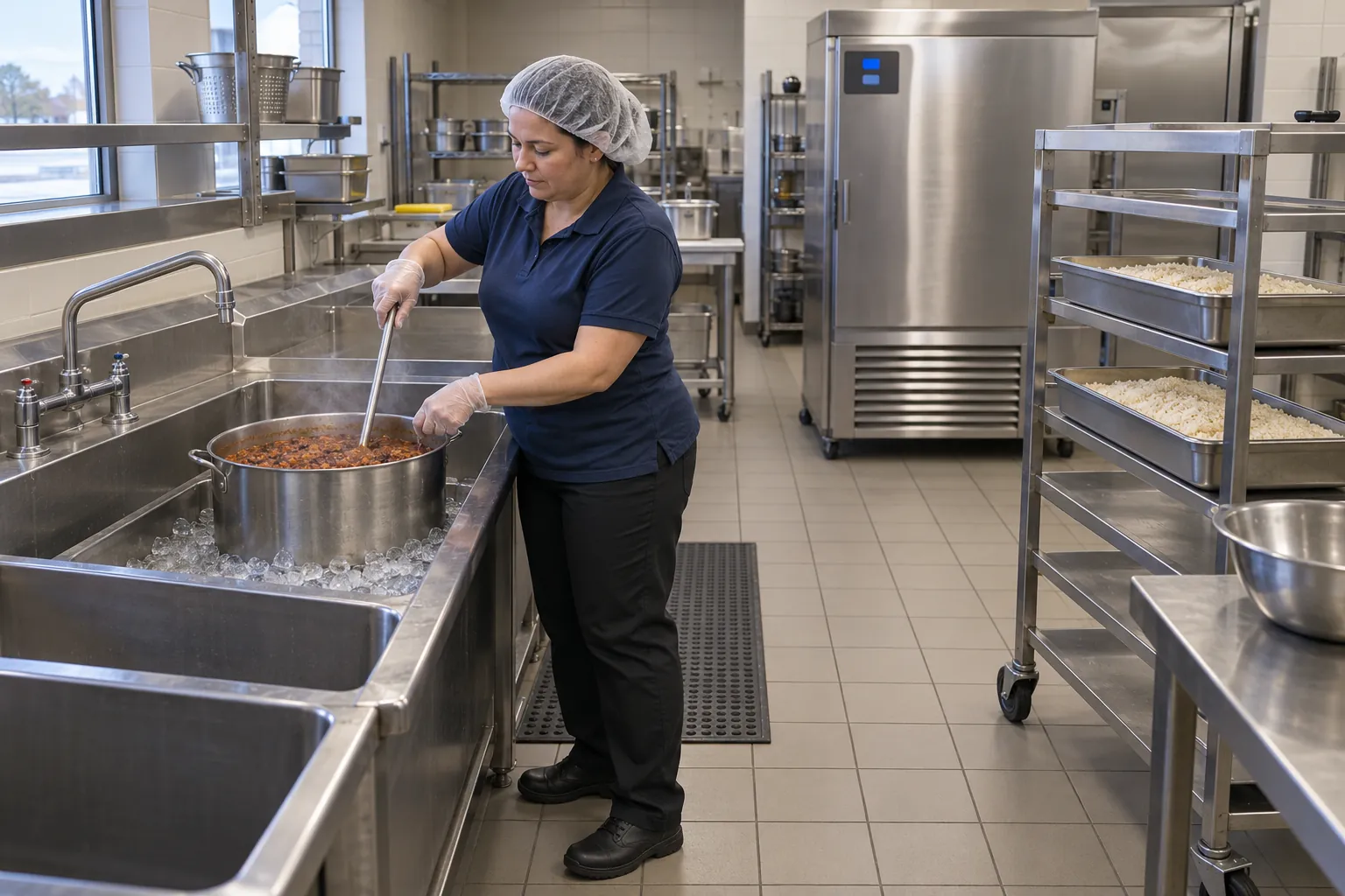 A school cafeteria kitchen manager stirring a pot of chili in an ice-water bath beside a rack of shallow cooling pans.