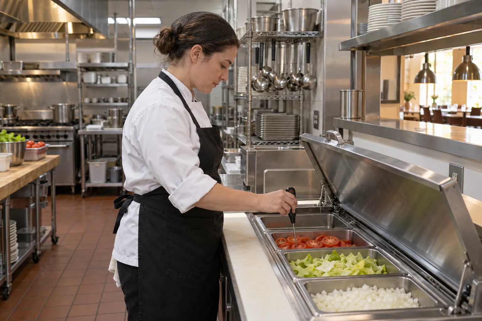 A line cook probing a pan of sliced tomatoes in a refrigerated prep table on a quiet hotel kitchen line.