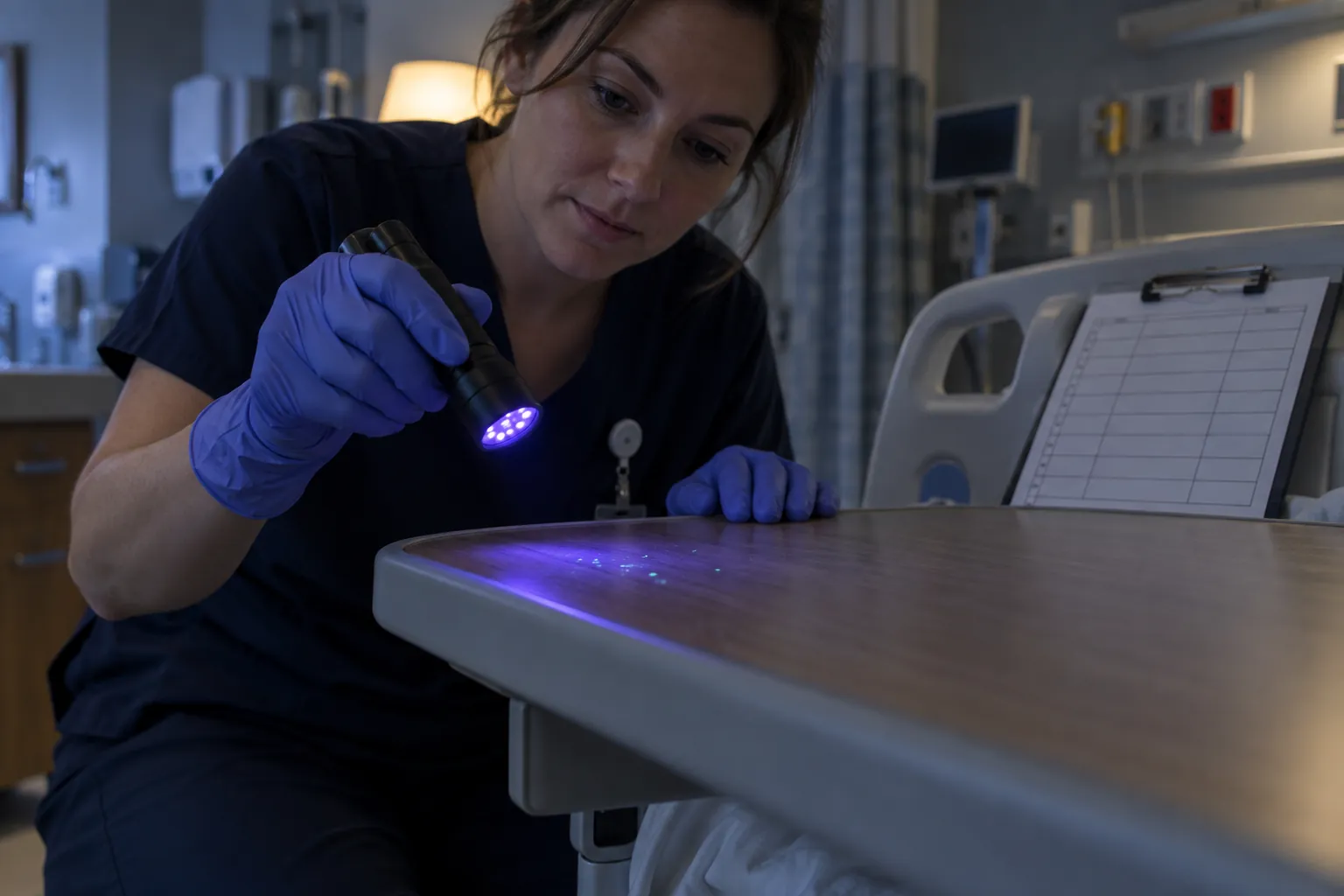 Gloved hands shining a small UV flashlight on a hospital tray table, showing faint glowing marker dots.