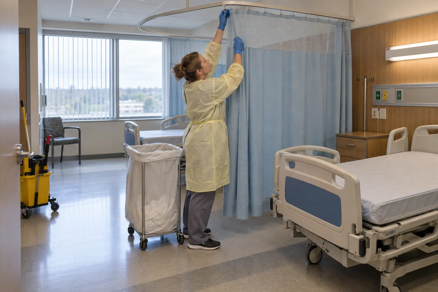 A hospital cleaning technician in a gown and gloves taking down a privacy curtain from around a stripped bed in an empty patient room.