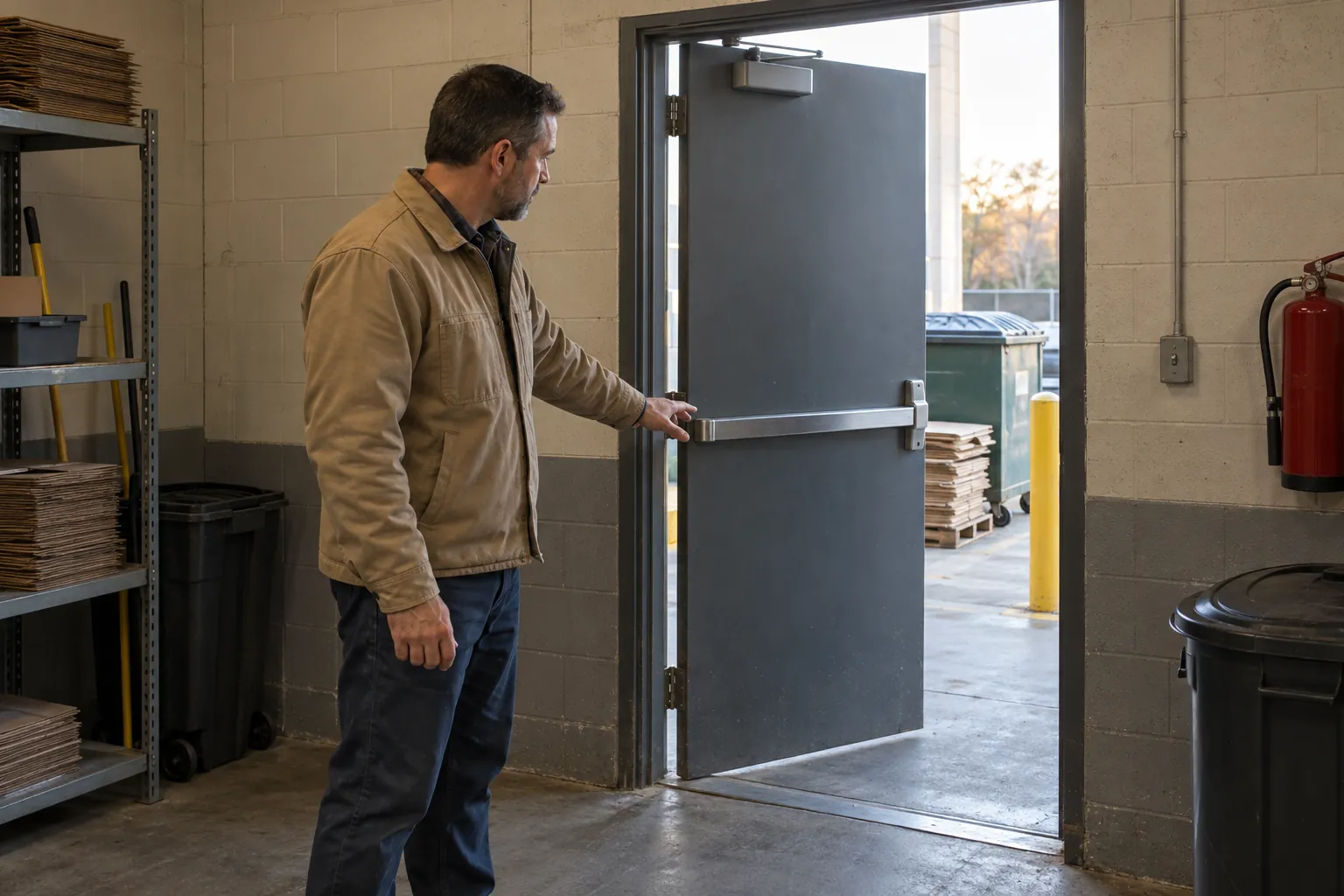 A building engineer checking a steel door closes by itself at a loading dock waste room.