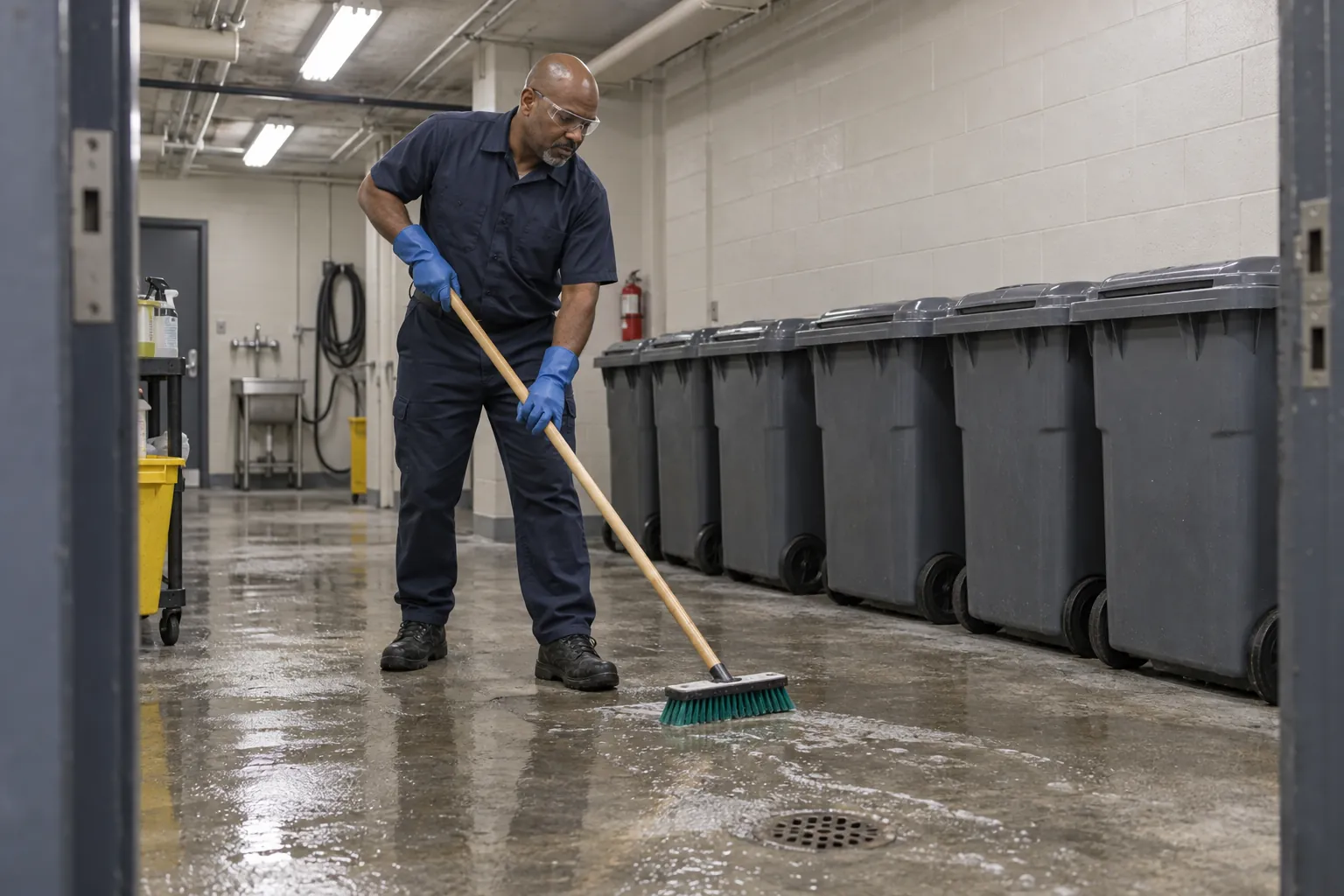 A custodian in gloves and safety glasses scrubbing the floor of a basement trash room beside a row of lidded carts.