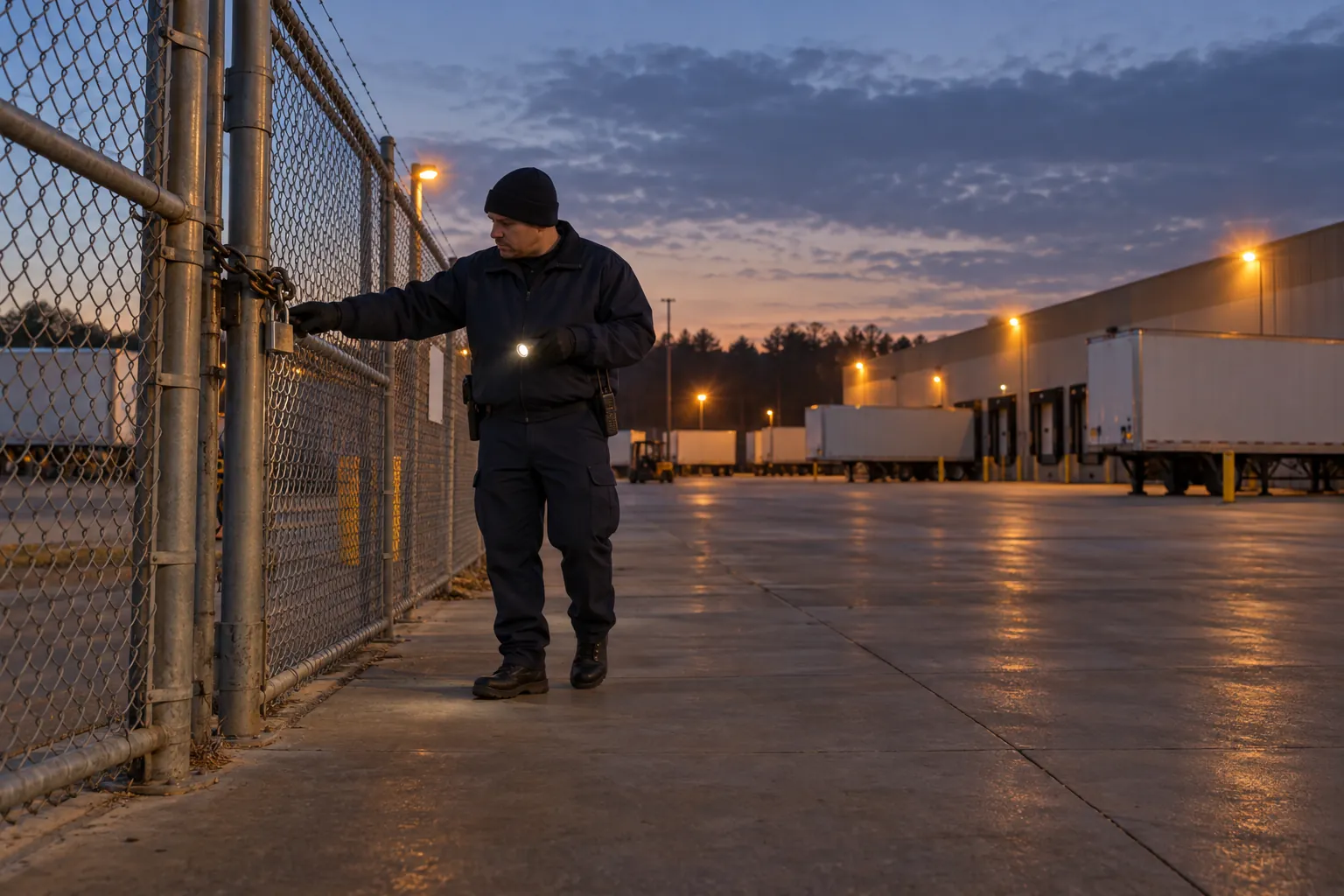 A security officer checking a padlocked gate on a chain-link fence around a warehouse yard at dusk.