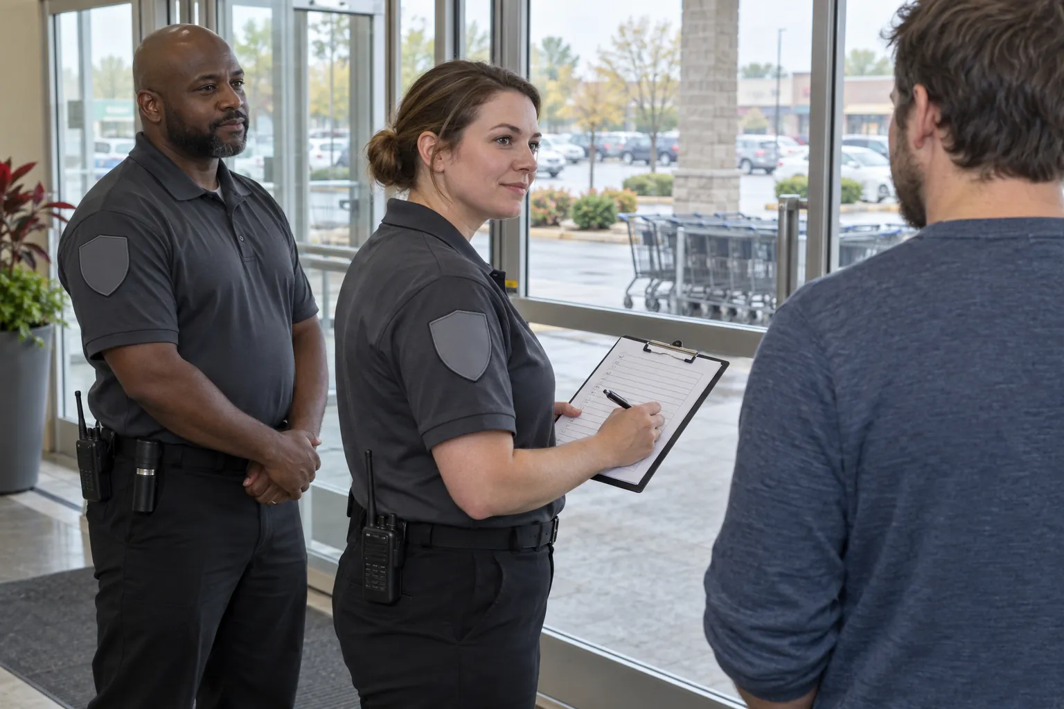 Two security officers at a shopping plaza entrance, one holding a clipboard with a form, speaking calmly with a man seen from behind.
