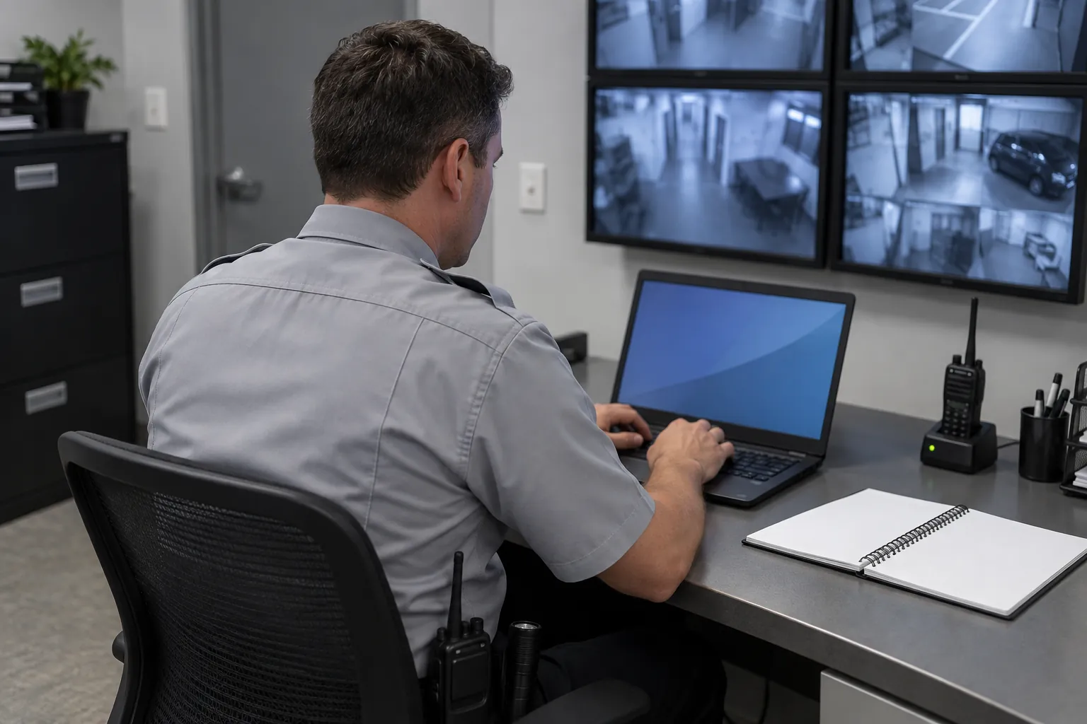 A security officer typing a report on a laptop in a back-office security room with a notebook beside it.