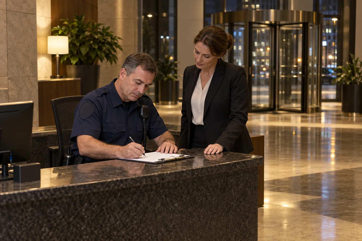 A security officer writing a report at a lobby desk while a supervisor reads over it in the evening.
