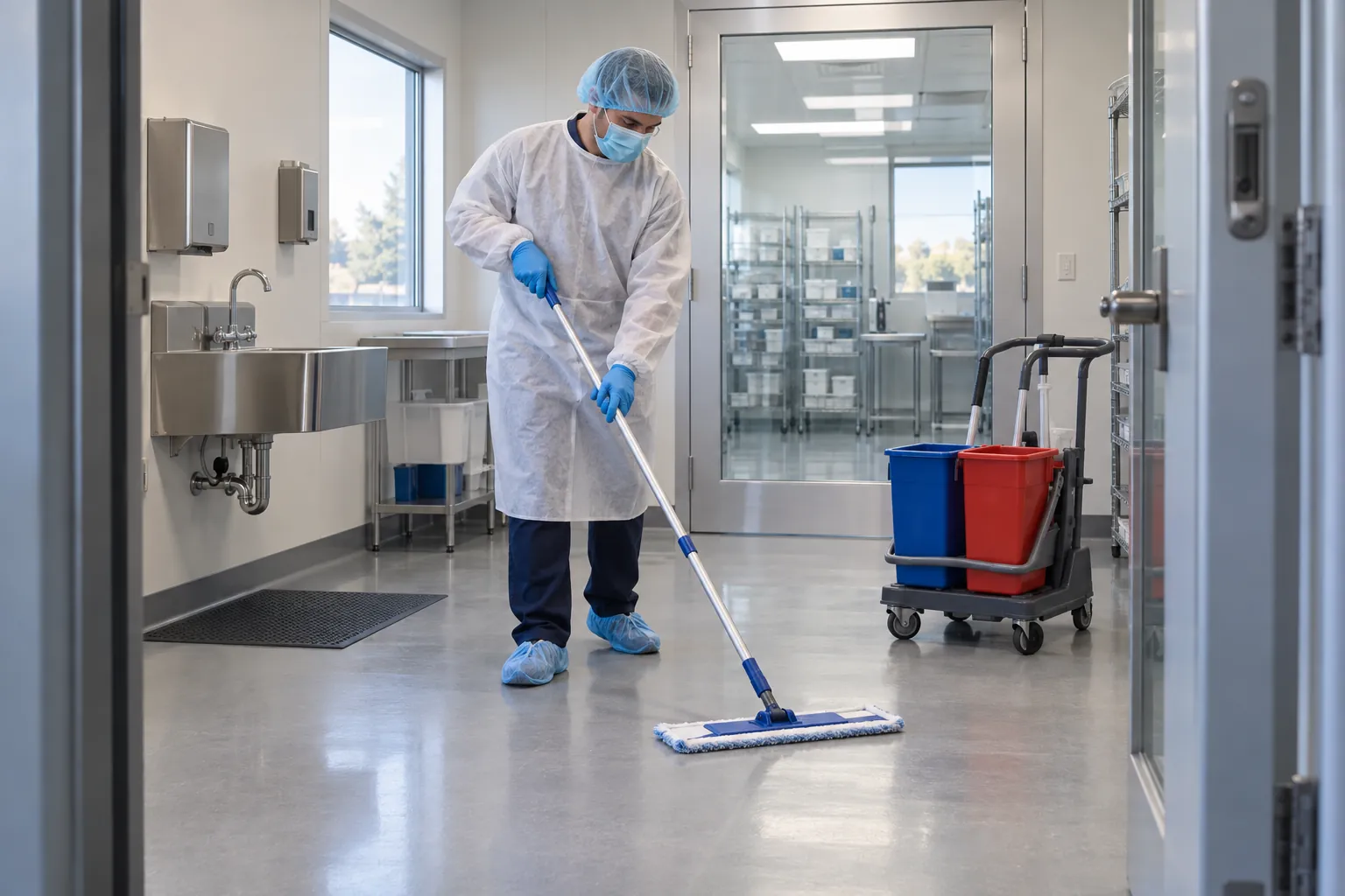 A technician in cleanroom garb mopping the floor of a pharmacy anteroom beside a stainless steel sink and a glass door.