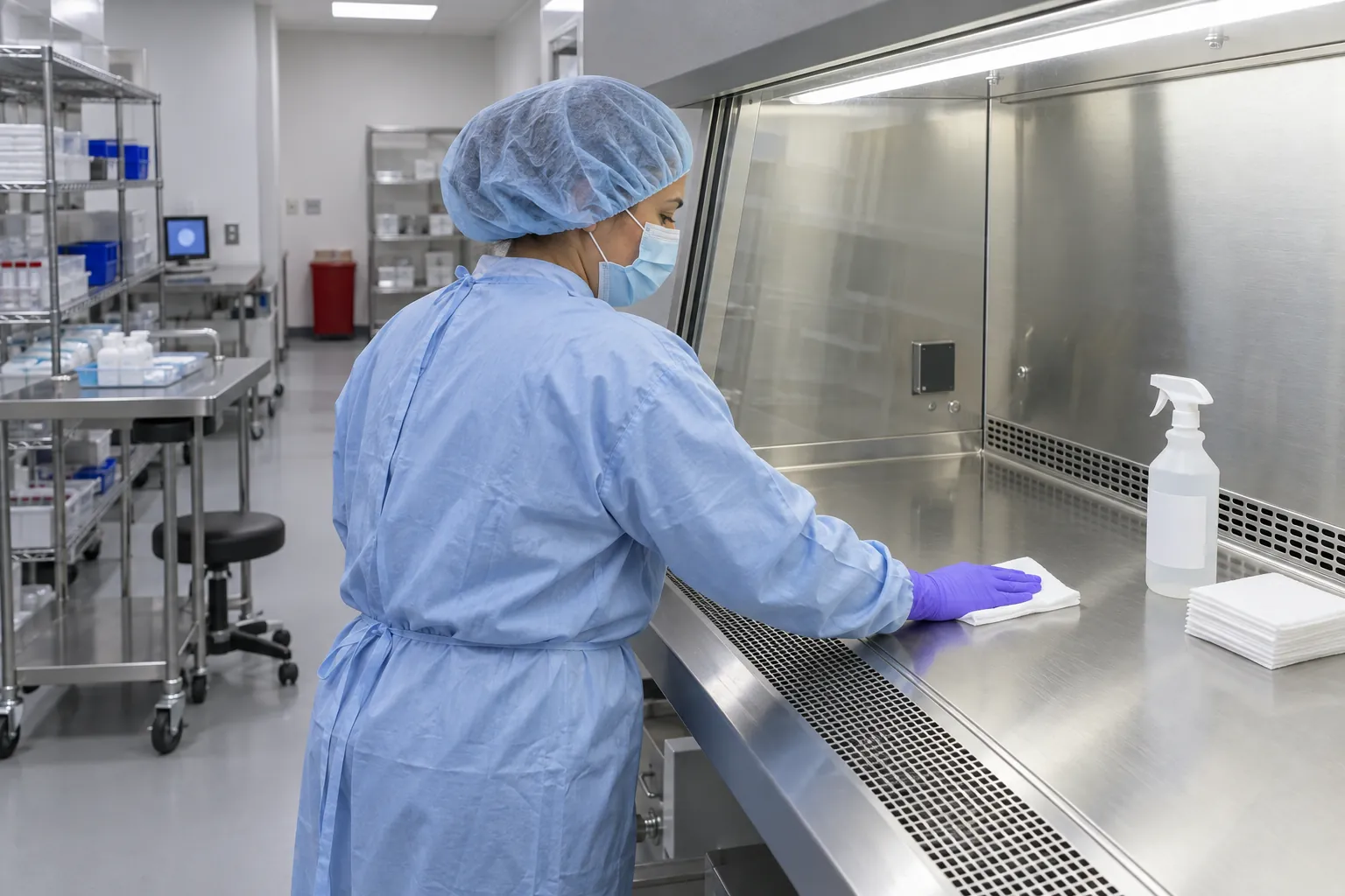 A pharmacy technician in a cleanroom gown and mask wiping the work surface inside a laminar airflow hood.