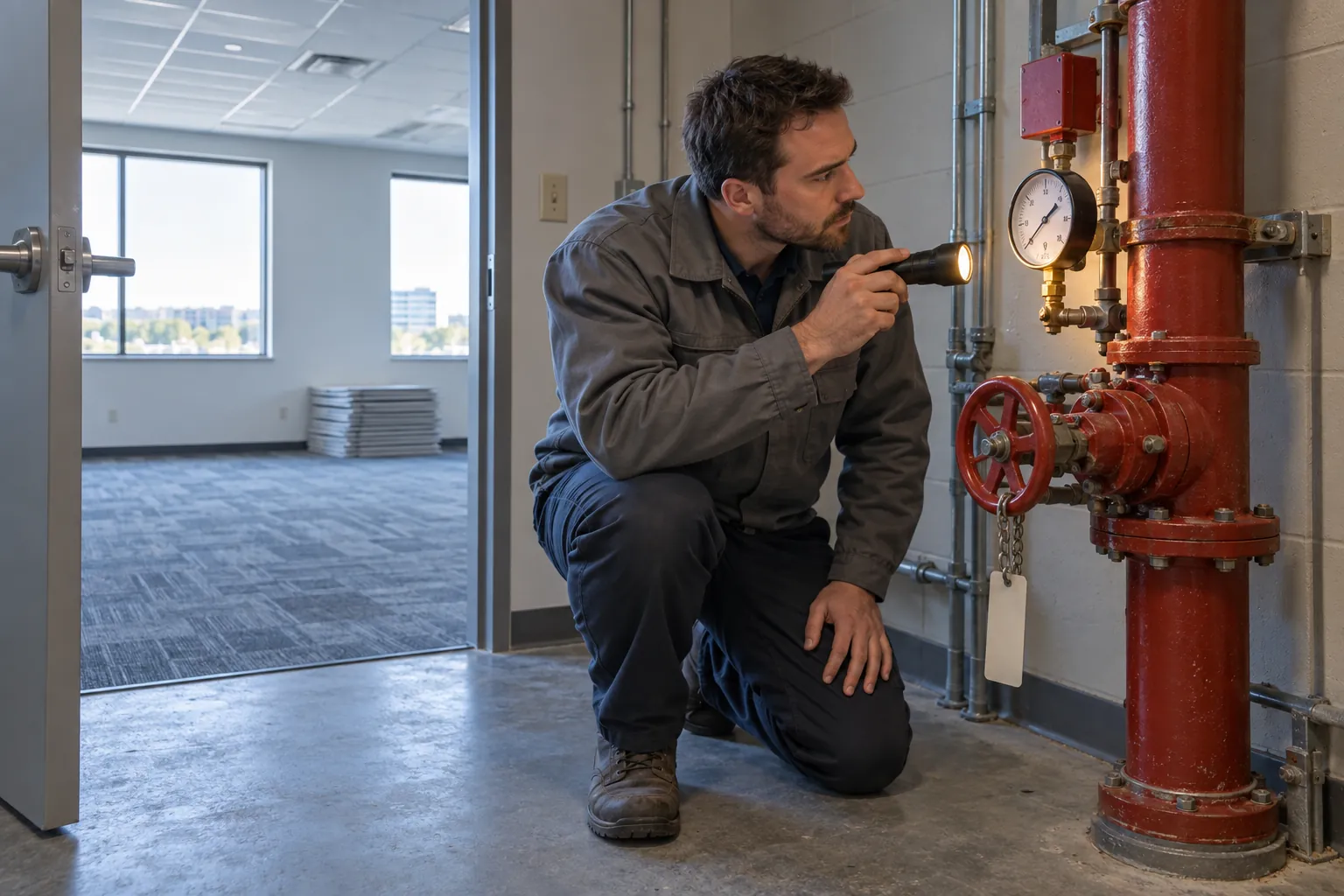 A building engineer with a flashlight examining a sprinkler riser gauge and valve in the utility room of an empty office suite.