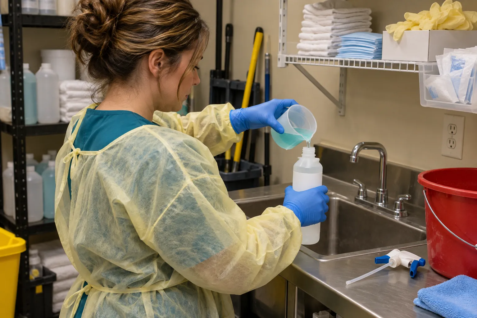 A healthcare cleaning worker in a gown measuring disinfectant into a spray bottle at a utility sink in a supply closet.