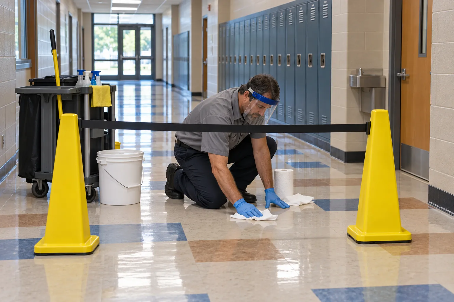 A custodian in gloves and a face shield wiping a school hallway floor behind yellow cones and a barrier.