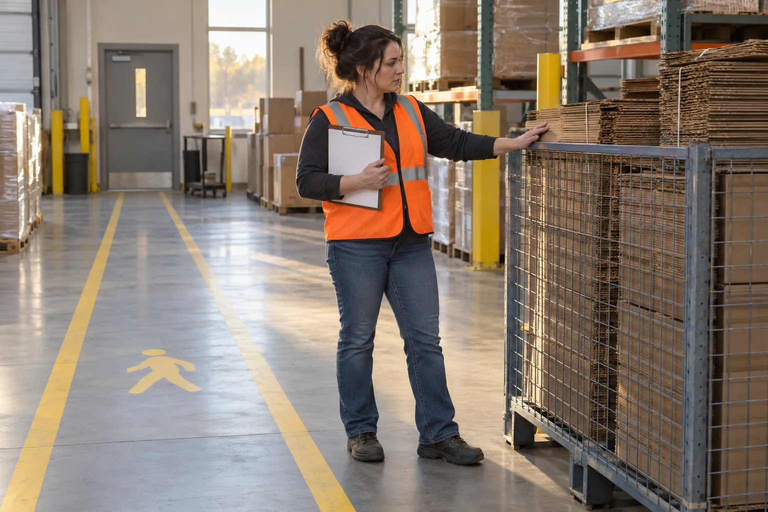 A warehouse supervisor inspecting a clear receiving-area walkway and cardboard storage.