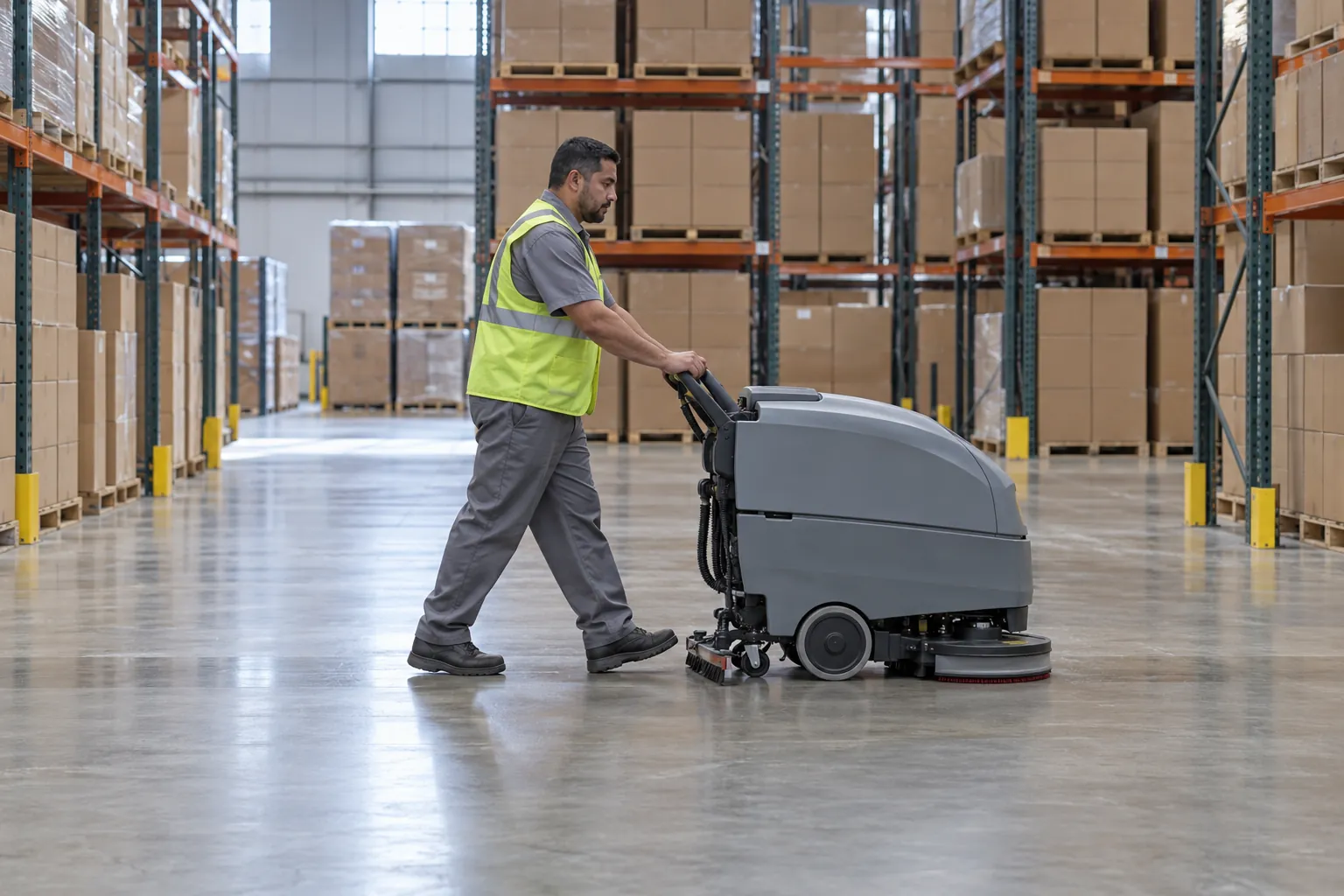 A custodial worker using a walk-behind floor scrubber in a warehouse aisle.