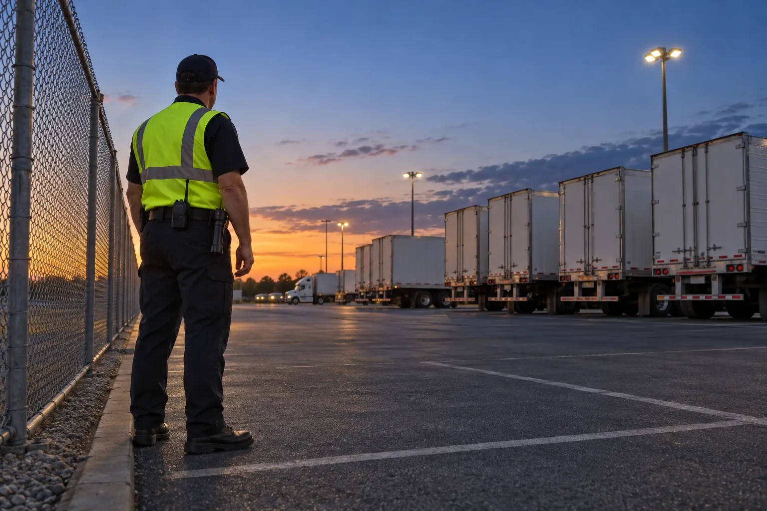 A security officer walking a chain-link fence line beside parked trailers in a truck yard at dusk.