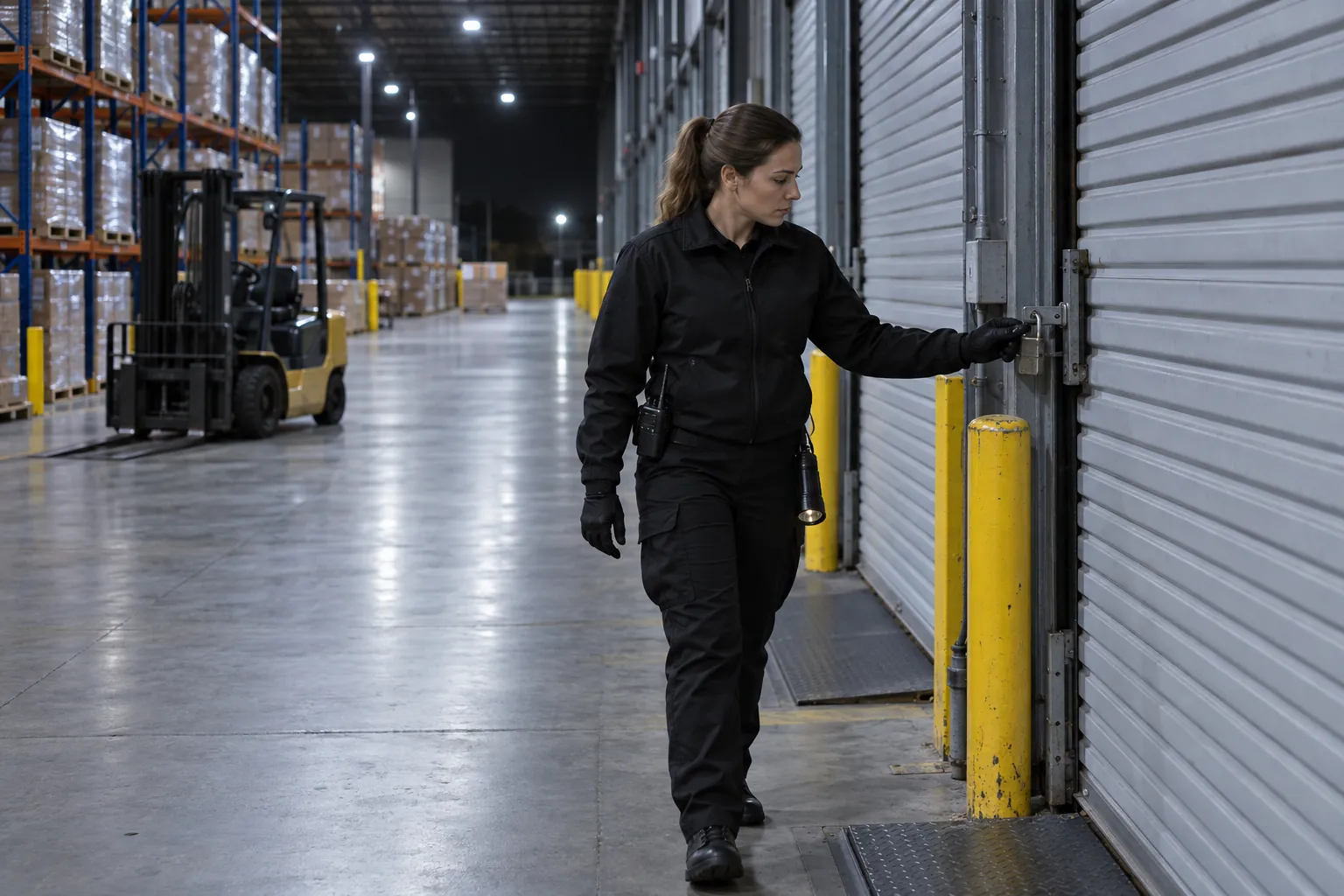A security officer checking the locks on closed dock doors inside a distribution center at night.