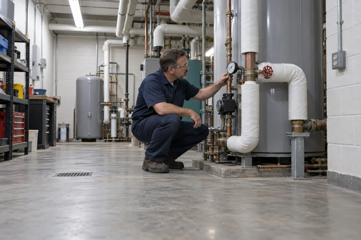 A maintenance technician reading a temperature gauge on a large water heater in a basement mechanical room.