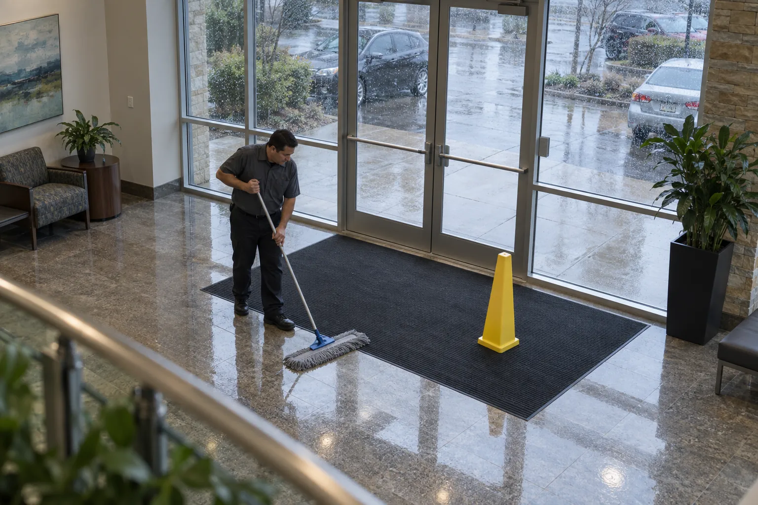 A day porter dry-mopping a building entrance on a rainy day beside a walk-off mat and a yellow caution cone.